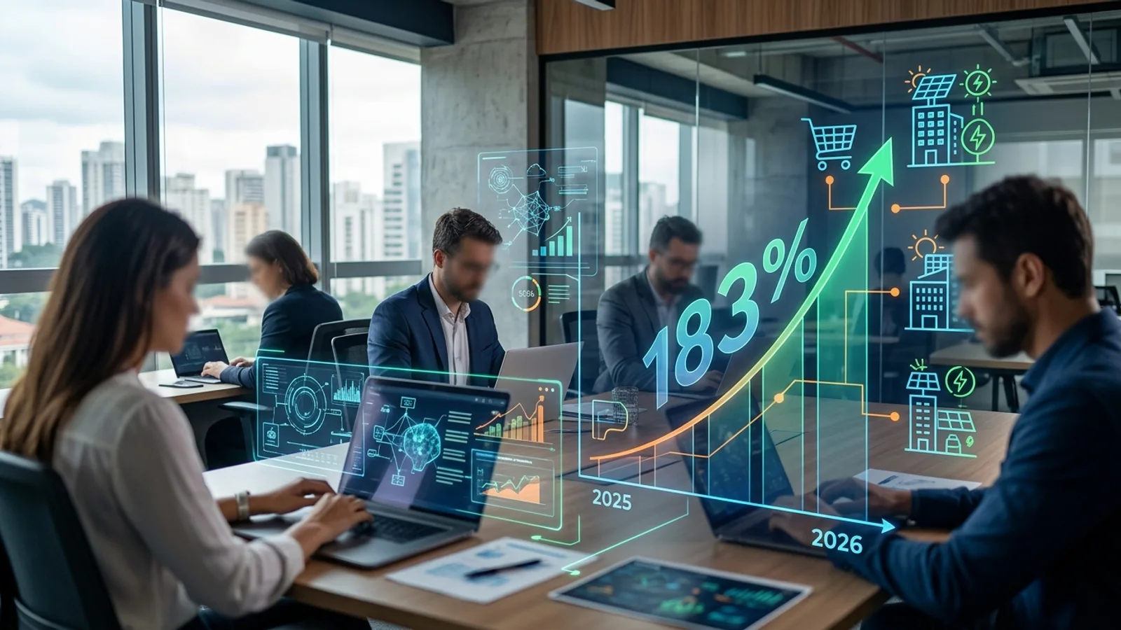 Profissional trabalhando no computador com representação gráfica de inteligência artificial em ambiente corporativo.