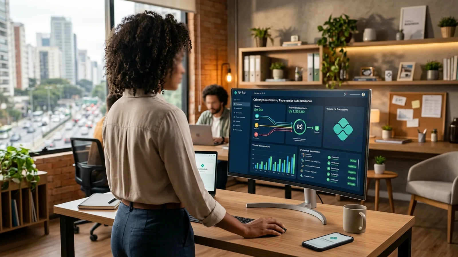 Dispositivo móvel exibindo uma tela de confirmação de pagamento recorrente via Pix Automático com gráficos financeiros ao fundo.