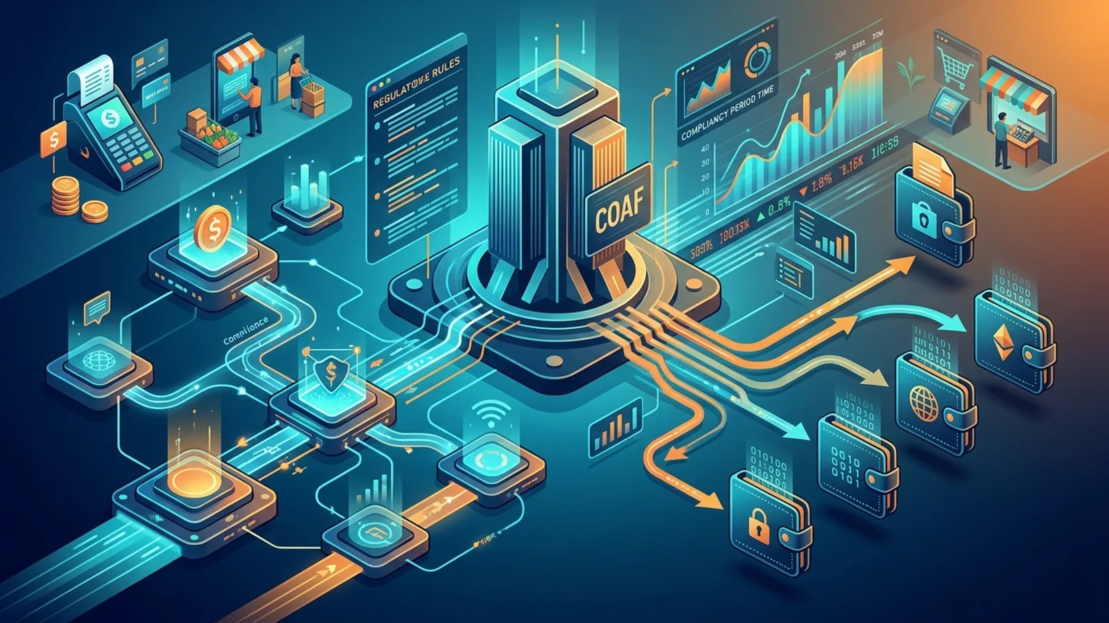 Ilustração conceitual com símbolos de criptomoedas, uma balança jurídica e um smartphone mostrando gráficos, representando a regulação de ativos digitais pelo Banco Central.