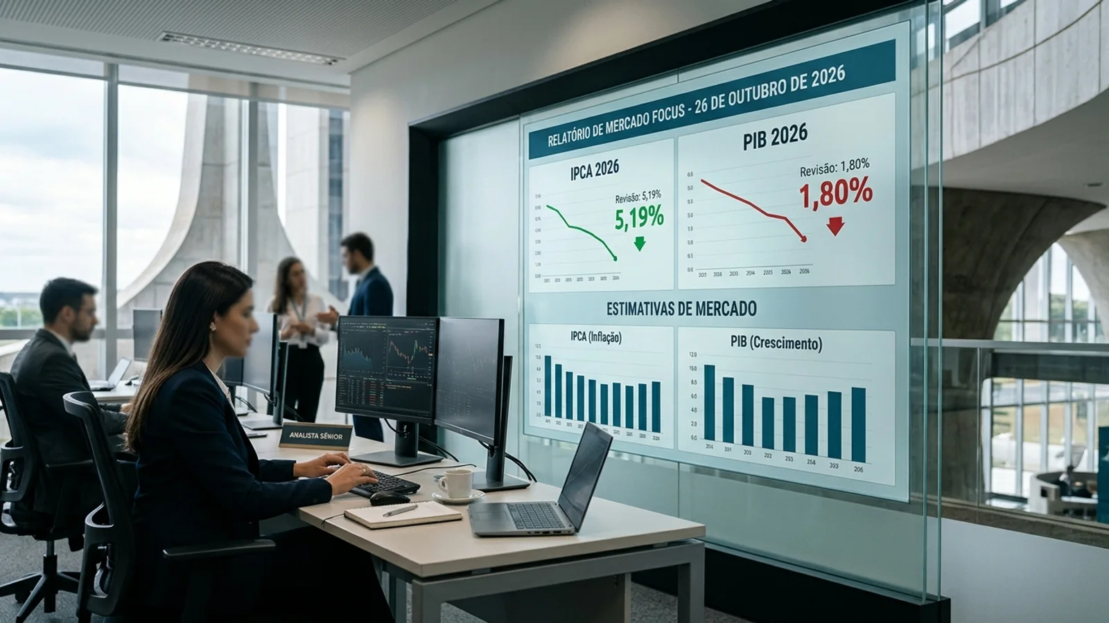 Gráfico ilustrativo com projeções macroeconômicas do Boletim Focus para o PIB e o IPCA.