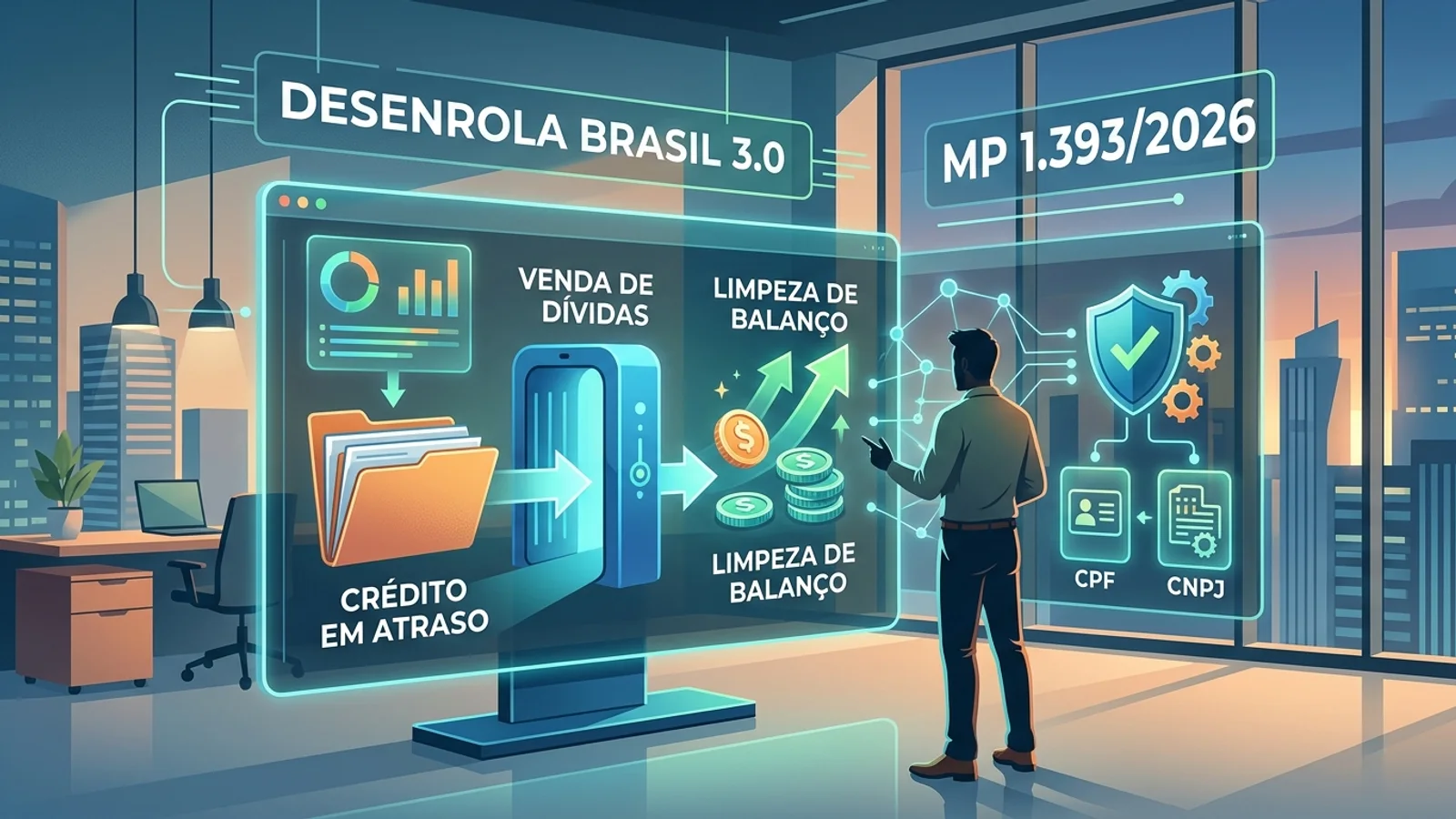 Uma calculadora, uma caneta e papéis com gráficos financeiros organizados sobre uma mesa de escritório de madeira, simbolizando planejamento e renegociação de dívidas.