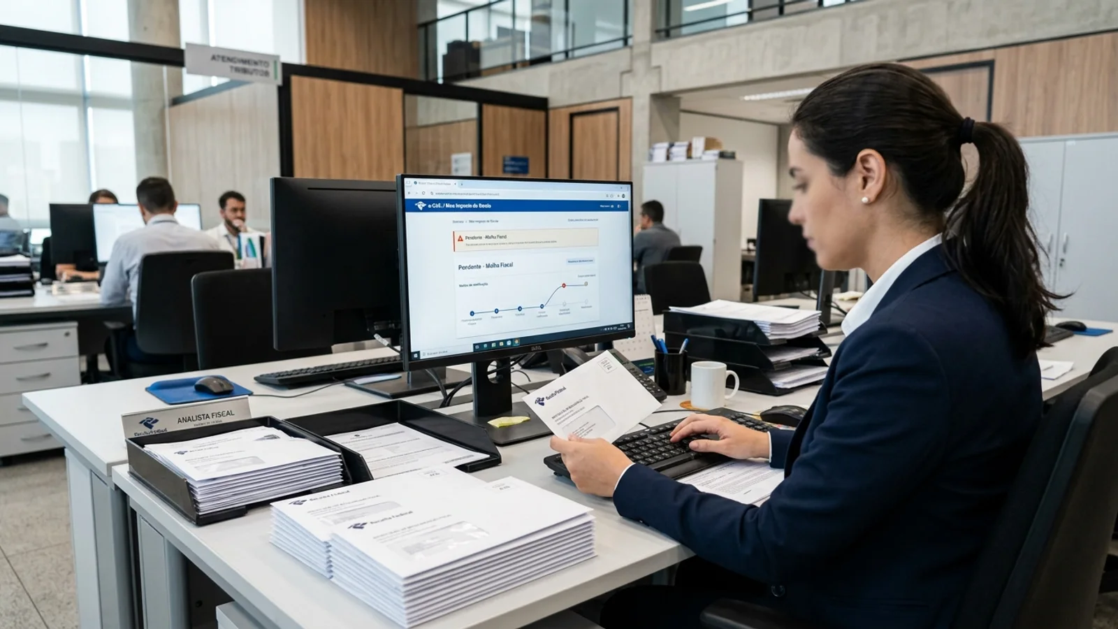 Envelope de correspondência postal branco sobre uma mesa de madeira, simbolizando o envio físico de notificações oficiais do Projeto Cartas 2026 da Receita Federal.