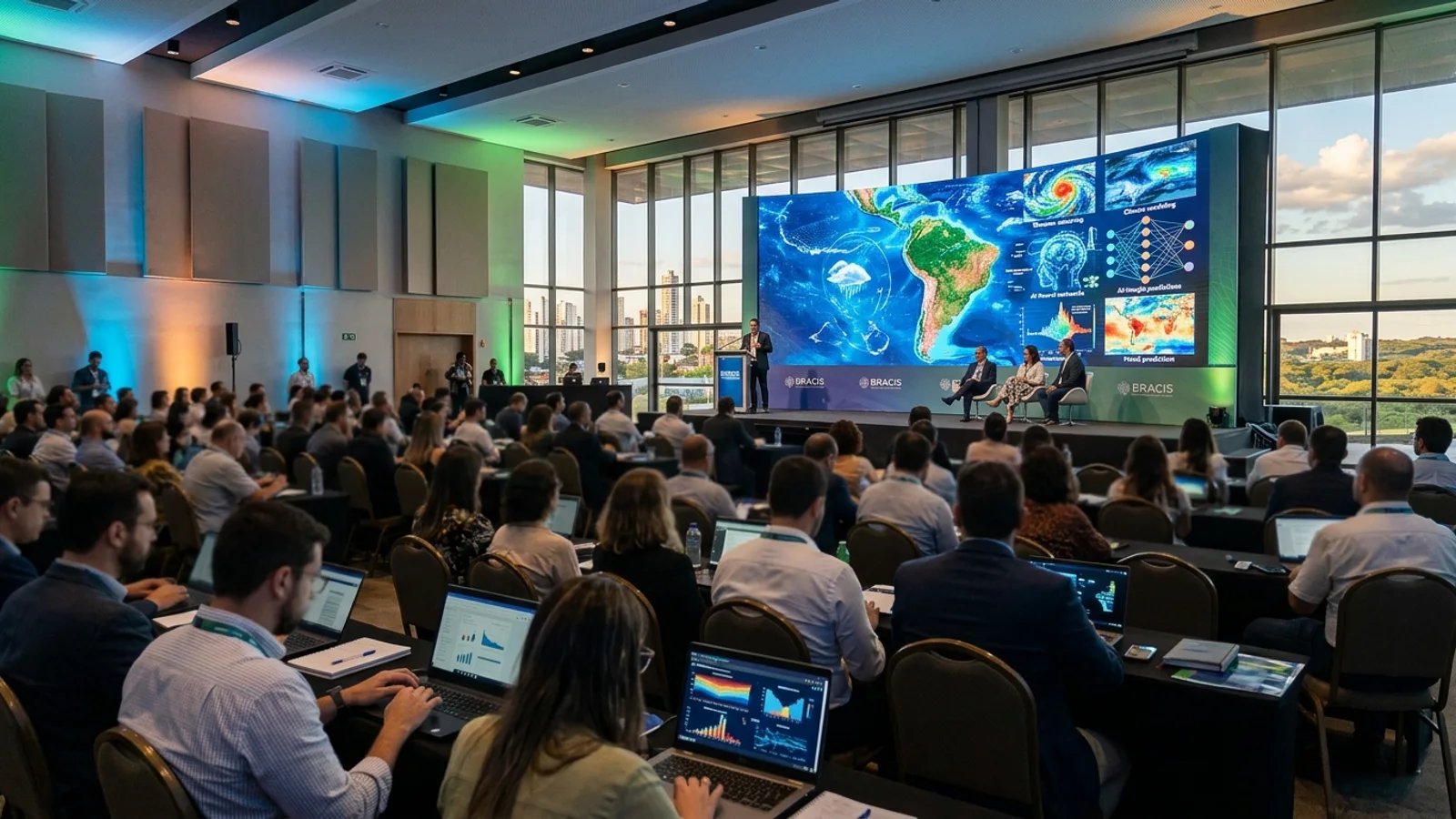 Pesquisadores e público reunidos no auditório durante a abertura da conferência BRACIS sobre inteligência artificial e clima.