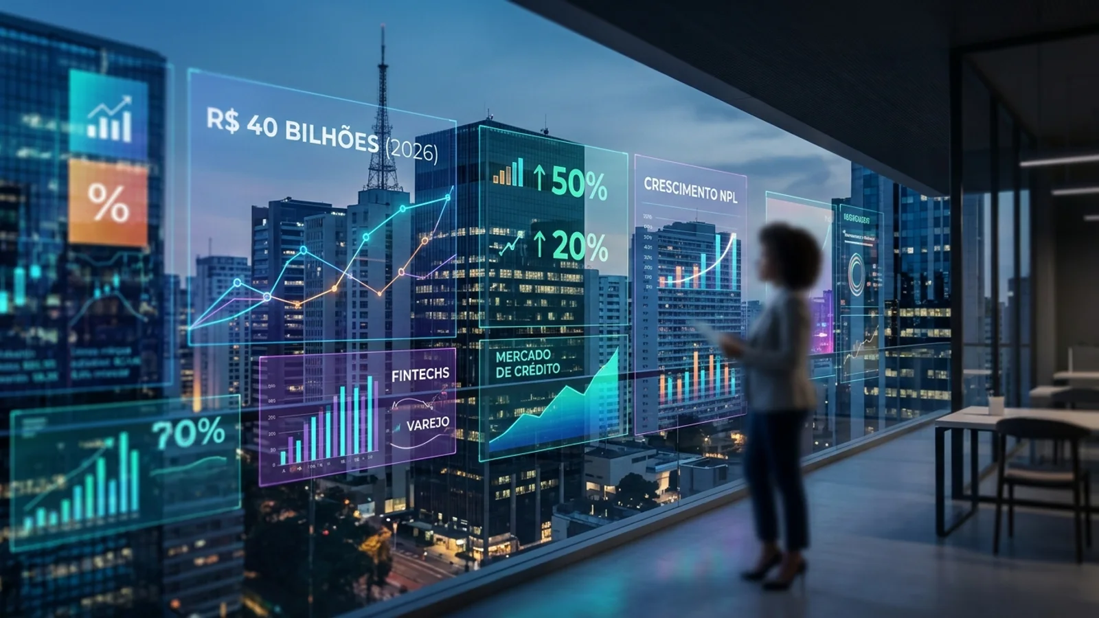Gráfico de barras mostrando projeção de crescimento financeiro com moedas empilhadas ao lado, representando o mercado de venda de carteiras de crédito.